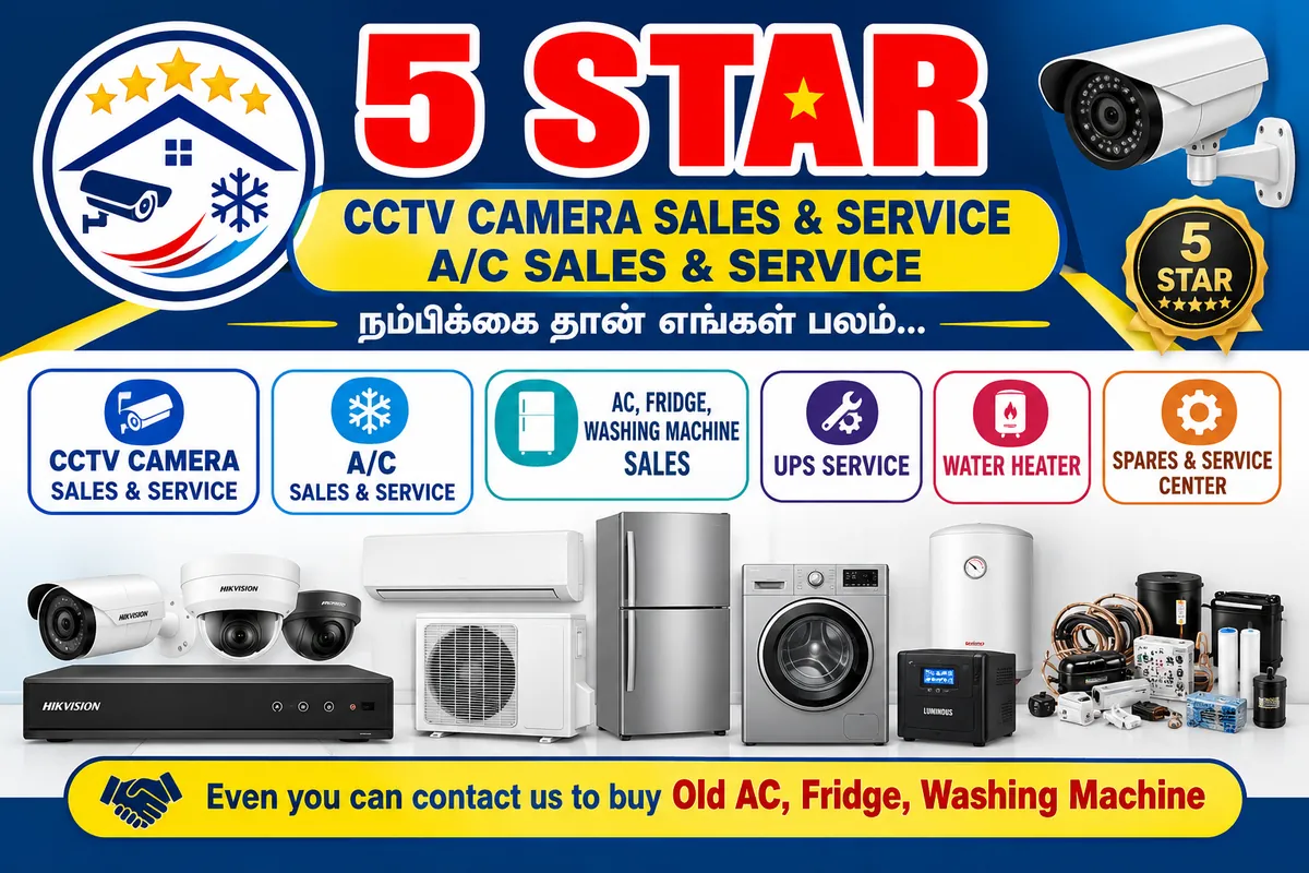 5 STAR Sales & Service shop banner listing CCTV, AC, fridge, washing machine, UPS, water heater and spares